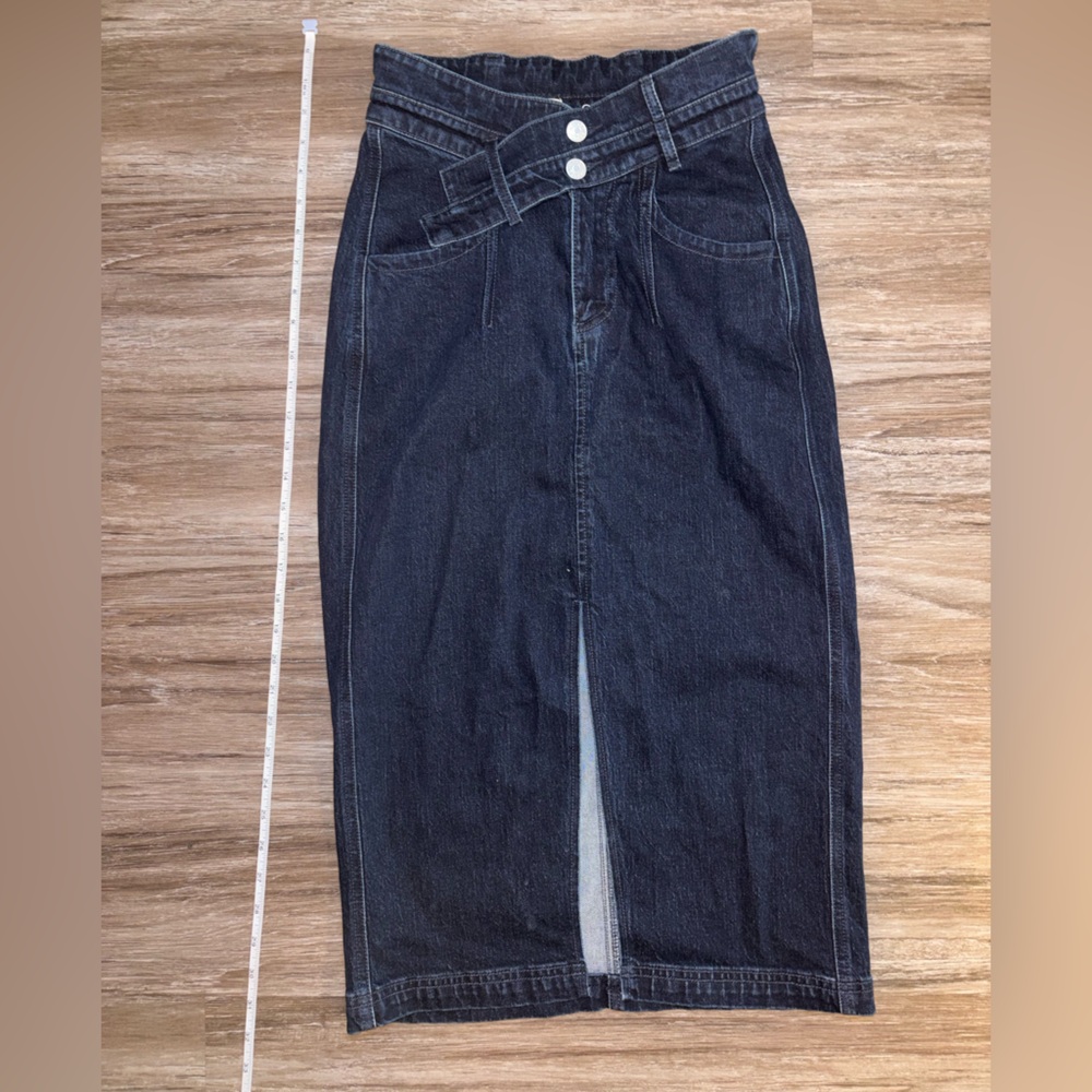 Anthropologie High-Waist Dark Blue Denim Midi Skirt with Front Slit by Pilcro - Picture 2 of 5